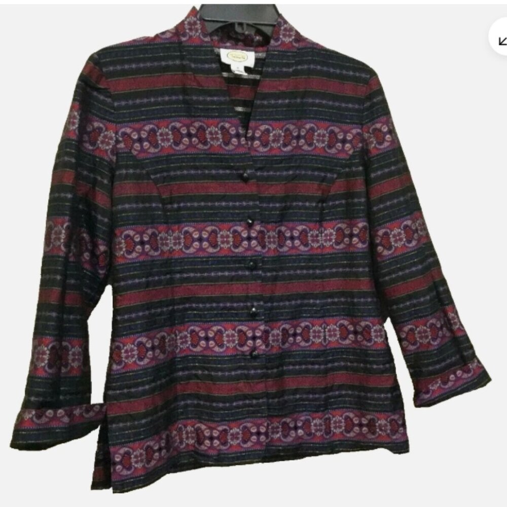 Talbots Womens Petites 4P Button Front Suit Jacket Top Blouse Silk Burgundy Navy